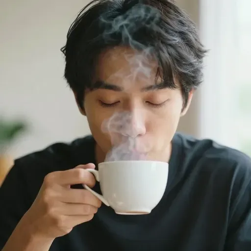 Hình ảnh này mô tả đúng hành động '喝热水' (Uống nước nóng).